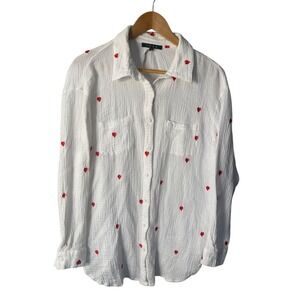 Fore Women's White with Embroidered Hearts Long Sleeve Button Down Shirt  Size M